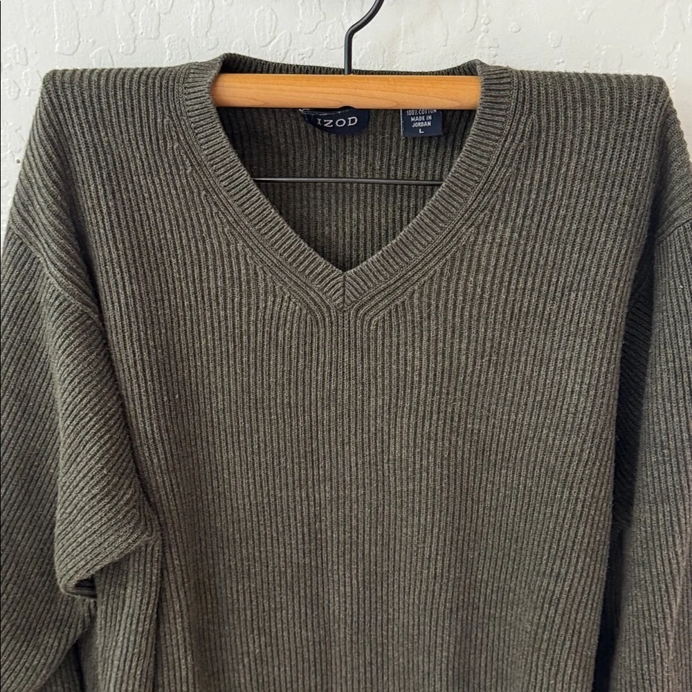Izod Men’s 100% Cotton Green Ribbed Stretch V Neck Pullover Sweater Large